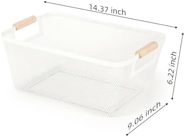 2-Pack Metal Mesh Basket, Large Wire Storage Organizer with Wood Handle for Kitchen Pantry, Bathroom, Cabinet, Closet, Picnic & Home Organization, Large, White - Image 2