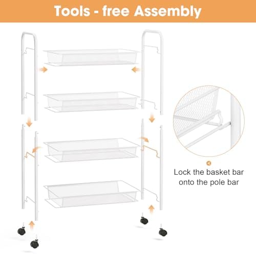 TOOLF 4 Tier Rolling Cart, Metal Utility Storage Cart with Wheels, White - Image 4