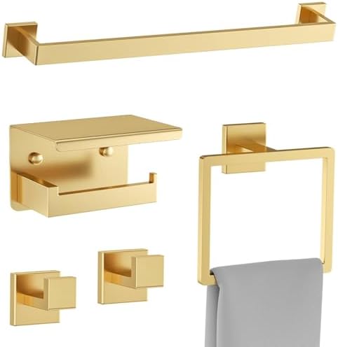 Brushed Gold Towel Bar Set 5 Pieces Bathroom Hardware Accessories Set,Upgraded Toilet Paper Holder with Shelf,Stainless Steel Towel Holder Set for Bathroom,Wall-Mounted 23.6 in by Woekme