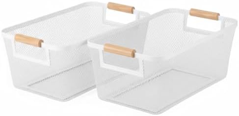 2-Pack Metal Mesh Basket, Large Wire Storage Organizer with Wood Handle for Kitchen Pantry, Bathroom, Cabinet, Closet, Picnic & Home Organization, Large, White by Unknown
