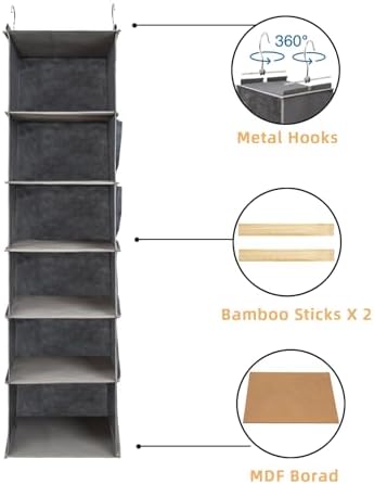 2 Packs Hanging Closet Organizer, 6-Shelf Closet Organizers and Storage with Side Pockets, Collapsible Hanging Shelves for Closet & RV & College Dorm,Grey - Image 4