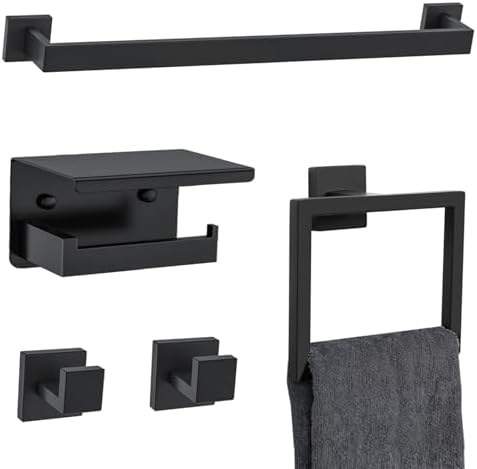 5 Pieces Black Towel Bar Set Bathroom Hardware Accessories Set Upgraded Toilet Paper Holder with Shelf Towel Holder Set for Bathroom Stainless Steel Wall Mounted by Woekme