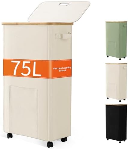 Laundry Basket with Wheels, Dirty Clothes Hamper on Wheels, Rolling Tall Laundry Hamper with lid for Laundry Room, Dorm and Bathroom, 75L Beige by Vincona