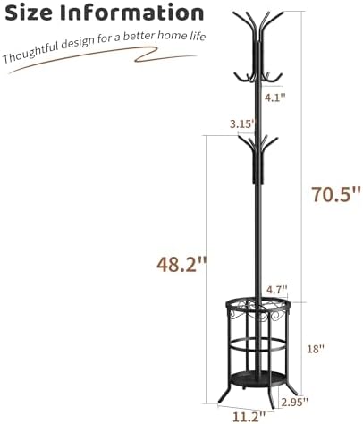 Coat Rack Freestanding with Umbrella Stand Coat Rack Stand with 12 Hooks Metal Coat Tree Coat and Hat Hanger Jacket Entryway(Black) - Image 7
