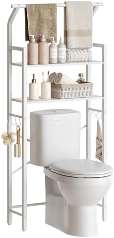 YATINEY 2-Tier Over The Toilet Storage, Multifunctional Vertical Over Toilet Bathroom Organizer, Freestanding Bathroom Storage Shelves with Hooks, Bathroom Organizer, Rustic Brown and Black TR01WT by Yatiney