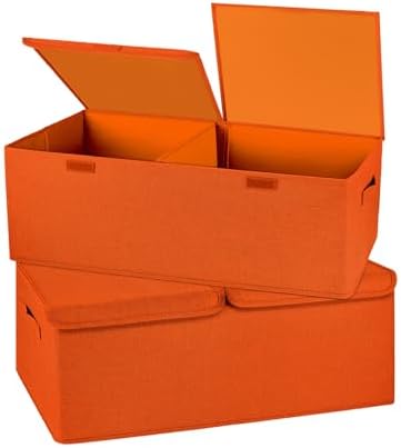 2 Pack Large Storage Boxes with Lids and Handles, Collapsible Linen Storage Bins Organizer Containers Baskets Cube with Removable Divider for Home Bedroom Closet Office (Orange, Small) by Unknown