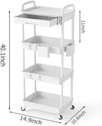 4 Tier Rolling Utility Cart with Drawer, Plastic Storage Organizer Rolling Carts with Wheels Handles Hanging Cups Hooks for Office, Bathroom, Kitchen,Craft Art Room (White) - Image 2