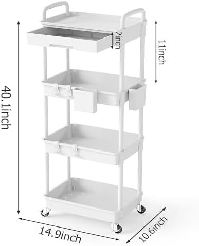4 Tier Rolling Utility Cart with Drawer, Plastic Storage Organizer Rolling Carts with Wheels Handles Hanging Cups Hooks for Office, Bathroom, Kitchen,Craft Art Room (White) - Image 2