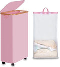 efluky Slim Laundry Basket with Wheels, Narrow Rolling Laundry Hamper with Lid and Removable Bag, Tall Aesthetic Dirty Clothes Hamper on Wheels for Laundry Room, Bedroom, Dorm and Bathroom, 75L Pink by efluky