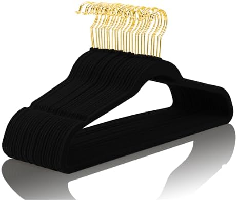MIZGI Premium Velvet Hangers Pack 100 Pcs Heavyduty - Non Slip Slimline - Velvet Suit Hangers Black - Gold Hooks,Space Saving Clothes Hangers by MIZGI