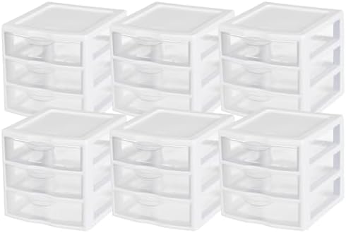 Sterilite Clearview Plastic Multipurpose Small 3 Drawer Desktop Storage Organization Unit for Home, Classrooms, or Office Spaces, White, (Pack of 6) by Sterilite