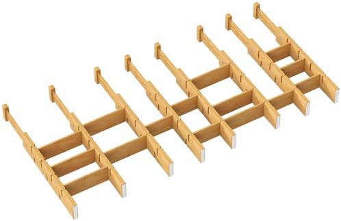 kiplant Bamboo Drawer Dividers - Adjustable Drawer Dividers for Kitchen, Clothes, Closet & Office - 8 Pack with Inserts, 13.8-18.8 Inches, Non-Slip Silicone Ends by kiplant