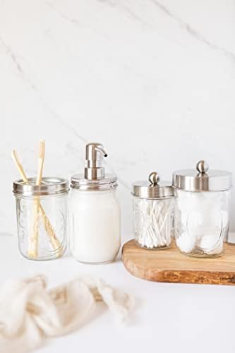 Jarmazing Products Ball Mason Jar Bathroom Gift Set (4 pcs) - Lotion/Soap Dispenser, Toothbrush Holder, Q-Tip Storage Jars - Farmhouse Home Decor for Vanity Organization - Stainless Steel - Image 3