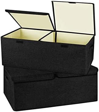 2 Pack Large Linen Fabric Collapsible Storage Bins with Lid and Handles, Washable Storage Box Baskets Cube with Removable Divider for Bedroom,Closet,Office,Living Room,Nursery (Black, Small) by Unknown