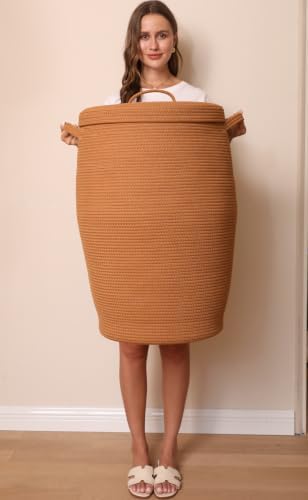 26"x20" Extra Large Tall Woven Laundry Basket with Lid, Cotton Rope Blanket Storage Basket, Freestanding Decorative Bin for Bedroom Living Room, Rust Brown - Image 4