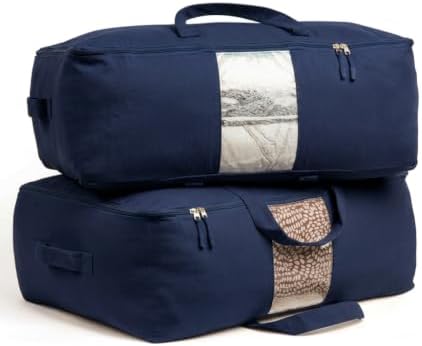 Soft Canvas Storage Bags with Zipper. Thick Breathable, 2pc King/Queen Comforter Organizer. Four Carrying Handles and Window. Large 25x19x9in Bag for Sheets Blankets Bedding Pillows, Clothes (Blue) by VeraMia