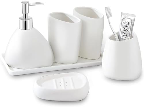 Ceramic Bathroom Accessory Set with Ceramic Tray, 6 Pieces Bathroom Countertop Accessory Set, Include Soap Dispenser, Toothbrush Holder, 2 Tumbler, Soap Dish, Vanity Tray,White by BLBYHO