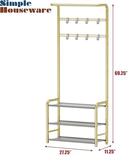 Simple Houseware Coat Rack with Shelf, Hall Tree with Hooks, Champagne Gold - Image 7
