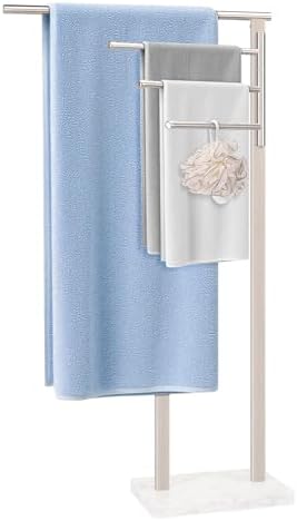 Standing Towel Rack, 304 Stainless Steel Towel Holder Stand with Weighted Marble Base, Floor Bath Towel Racks for Bathroom, Pool, Outdoor with 3 Swivel Towel Arms, Brushed Nickel by BathAce