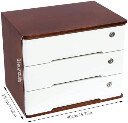 Lockable Desk Organizer Wooden Desktop Drawers Office Flat Files Storage Box Locking Countertop Storage Cabinet (Walnut + White, 3-Tier) - Image 3