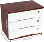 Lockable Desk Organizer Wooden Desktop Drawers Office Flat Files Storage Box Locking Countertop Storage Cabinet (Walnut + White, 3-Tier) - Image 3