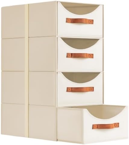 Homsorout Stackable Storage Drawers - Large Collapsible Storage Bins with Drawers, 4 Pack Closet Shelf Organizer Basket, Fabric Pull Out Organizer for Bedroom, Living Room, Dorm, Light Beige by Homsorout