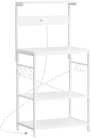 SUPERJARE Kitchen Bakers Rack with Power Outlet, Coffee Bar Table 4 Tiers, Kitchen Microwave Stand with 6 S-Shaped Hooks, Storage Shelf Rack for Spices, Pots and Pans - White by SUPERJARE