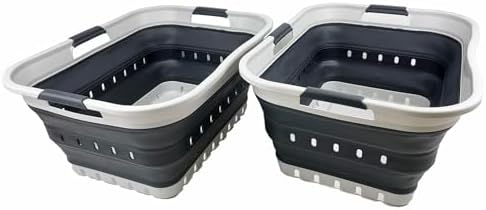 SAMMART 42L (11 gallon) Collapsible Plastic Laundry Basket - Foldable Pop Up Storage Container/Organizer - Portable Basket - Space Saving Hamper/Basket (Grey/Charcoal Black (Set of 2)) by SAMMART