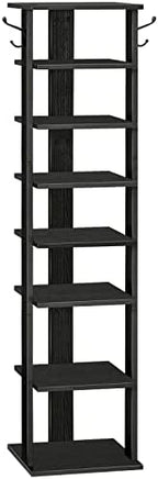 HOOBRO 8 Tiers Vertical Shoe Rack, Wooden Shoe Storage Organizer with Hooks, Narrow Shoe Tower for 8 Pairs, Space Saving, for Entryway, Living Room, Bedroom, Black BK07XJ01 by HOOBRO