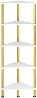HOOBRO Corner Shelf Stand, Industrial 5-Tier Wall Corner Bookshelf with Metal Frame, Plant Display Shelf, Bookcase for Small Spaces, Bedroom, Living Room, White and Gold DW33CJ01 by HOOBRO