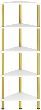 HOOBRO Corner Shelf Stand, Industrial 5-Tier Wall Corner Bookshelf with Metal Frame, Plant Display Shelf, Bookcase for Small Spaces, Bedroom, Living Room, White and Gold DW33CJ01 by HOOBRO