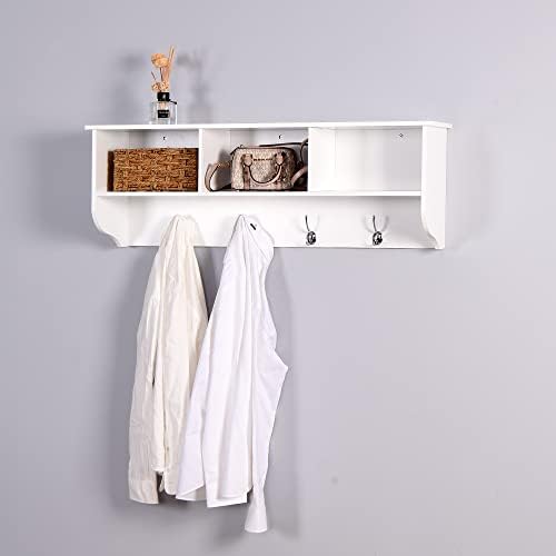 Wall Rack Shelf with 4 Dual Hooks Entryway Wood Storage Cubes Hanger Storage Unit for Living Room Bathroom Kitchen, White - Image 3