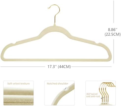 ManGotree Velvet Coat Hangers with 360° Swivel Gold Hook 66 Pack Beige - Image 4