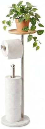 Toilet Paper Holder Stand with 7.9" Big Bamboo Tray, 2.2Lbs Heavier Marble Base, Floor Standing Paper Holder Stand with Phone Shelf, Reserve for 4 Rolls (Brushed Nickel) by Songtec