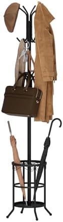 Coat Rack Freestanding with Umbrella Holder – Metal Hanger Stand, Hall Tree with 12 Hooks, Entryway Organizer for Hats, Bags, and Clothes (Black) by AUGOHCMIL