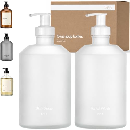 KIVY Glass Soap Dispenser Set 2X 16oz - incl. Waterproof Labels - with Pump by KIVY