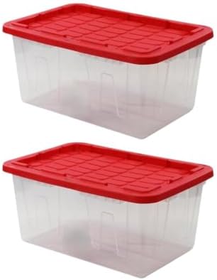2 Pack 27 Gallon Clear Plastic Storage Bin With Red Snap Lid, Stackable And Nestable Tote With Built-in Handles, Organizer Container For Garage Closet Dorm Household Holiday Decor Tough With by Unknown