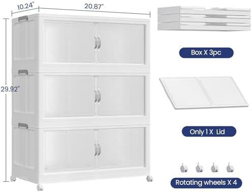 180QT Extra Large Stackable Storage Bins with Lid, 45Gal Plastic Closet Organizers and Storage Drawer, Collapsible Cabinet Box with Wheels Clear Doors for Home Kitchen Office, 3Pack White - Image 2