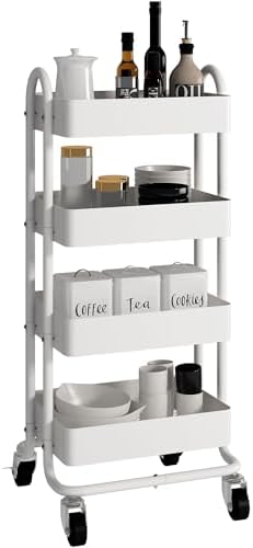 4 Tier Metal Rolling Cart with Wheels,4 Tier Utility Cart with Wheels for Office,Home,Kitchen,Garden（13.4"x18.1"x40"） White by Elitehouse
