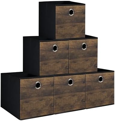 6-Pack Durable Cube Storage Bin with Decorative Wood Grain,Thickened Fabric Storage Basket Space-saving Cubby Boxes for Shelves,Closet,Bedroom,Office,Nursery,Dorm,RV, 12x12x12in (Medium by Folzaelar