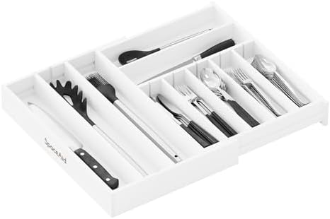 SpaceAid 2.5" High Bamboo Silverware Drawer Organizer with Labels, Kitchen Utensil Expandable Tray Holder for Flatware, Cutlery, Spoon and Knives Drawer Storage Organization (White) by SpaceAid