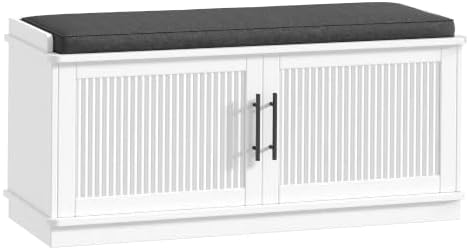 Akxomel 39.4" Fluted Shoe Storage Bench 2 Doors Wooden Entryway Bench White by Akxomel