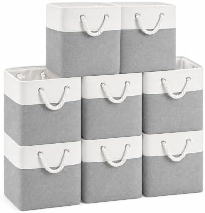 11x11 Inch Cube Storage Bins, 8 Pack Collapsible Fabric Storage Cubes with Rope Handles, Waterproof Foldable Storage Baskets for Cube Shelves, Closet, Clothes, Toys, Books, White & Gray by MSHABOOR