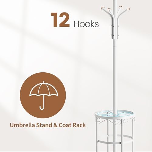 Coat Rack Freestanding with Umbrella Stand with 12 Hooks Metal Coat Tree Coat and Hat Hanger Jacket Entryway Coat Rack (White) - Image 6