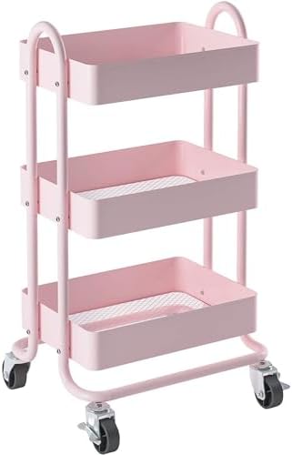 Metal Rolling Cart,3-Tier Pink Rolling Cart with Wheels,Metal Utility Cart with Wheels for Office,Home,Kitchen,Garden（13.4"x18.1"x31"） Pink by Elitehouse