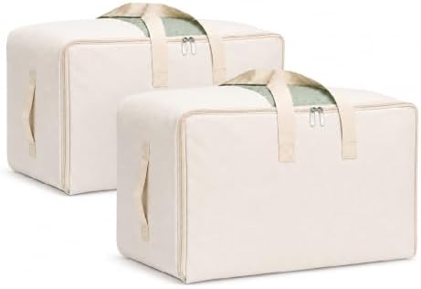 DoYiKe Soft Canvas Clothes Storage Bags with Four Carrying Handles and Clear Window, Closet Organizer for Clothing, Blankets Sheets and Bedding, 55L, 2 Pack, Beige by DoYiKe