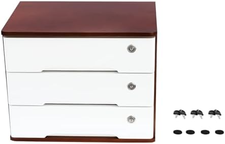 Lockable Desk Organizer Wooden Desktop Drawers Office Flat Files Storage Box Locking Countertop Storage Cabinet (Walnut + White, 3-Tier) - Image 7