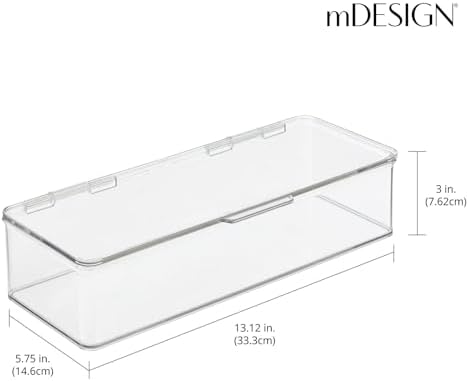 mDesign Long Plastic Kitchen Pantry/Fridge Storage Organizer Box Containers with Hinge Lid for Shelves or Cabinets, Holds Food, Snacks, Seasoning, Condiments, Flatware, Utensils, 2 Pack, Clear - Image 4