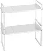 iPEGTOP Expandable Cabinet Storage Shelf Organizer Rack, Heavy Duty Cupboard Stand Spice Rack Adjustable Height Garage Pantry Shelf Space Riser for Counter Kitchen Organization, White, 2 Pack by iPEGTOP