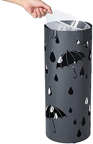 SONGMICS Umbrella Stand, Metal Umbrella Holder for Entryway, with Water Tray and 4 Hooks, 7.7 x 7.7 x 19.3 Inches, Round, Anthracite Gray ULUC23AG - Image 2